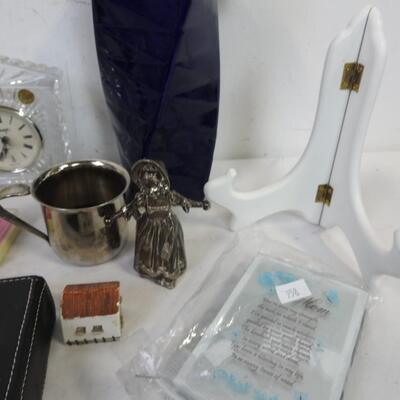 Small Figurines and Home DÃ©cor: Glass Clock, Home Sign, Metal Figurines