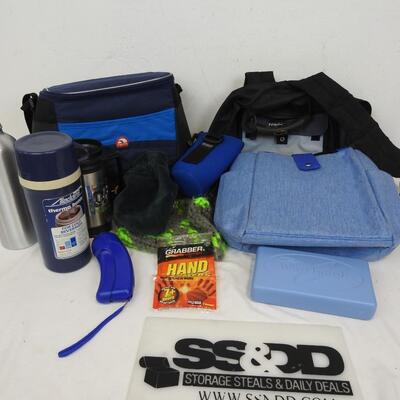 11 pc Camping Lot: Bags, Thermoses, Hand Warmers, etc