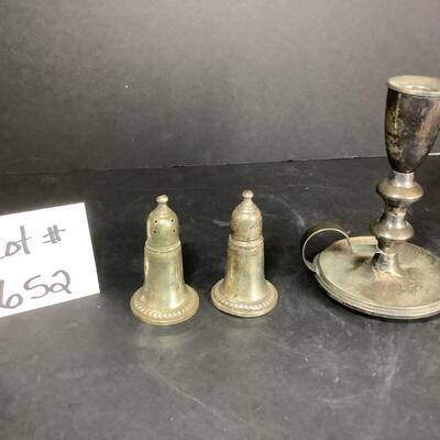 B - 652 Set of Empire Weighted Sterling Silver Salt/Pepper Shakers & One Weighted Finger Candlestick Holder