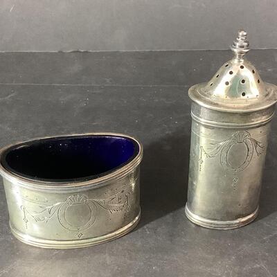 B - 658. Sterling Silver English Salt Bowl with Colbalt Glass Liner & Sterling Silver Shakers