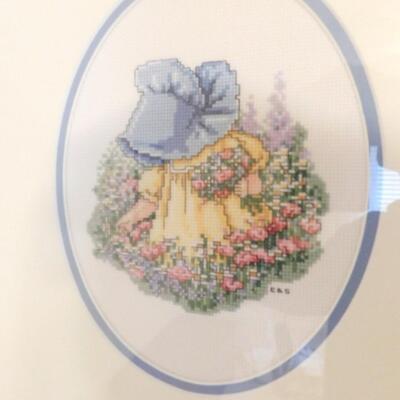 Little Girl with Bonnet in the Flower Garden Needlework Framed Art