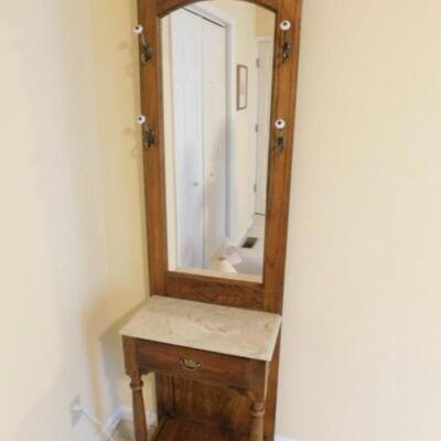 Vintage Solid Wood Mirrored Hall Stand with Marble Tabletop and Single Drawer