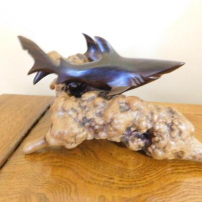 Wood Carved Reef Sharks Statuette