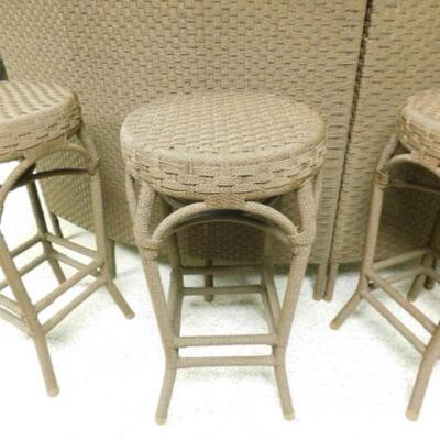 Exceptional Bow Front 2-Piece Composite Wicker Weave Bar with Glass Top and Four Matching Stools Caramel Color
