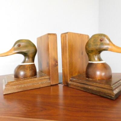 Rustic Wood Carved Duck Head Book Ends Hand Painted Country Traditions