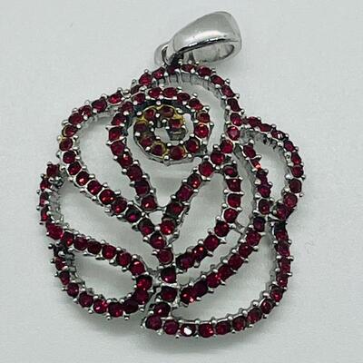 Lot 140: NF 925 Thailand Red Rose Pendant of Garnet Chips