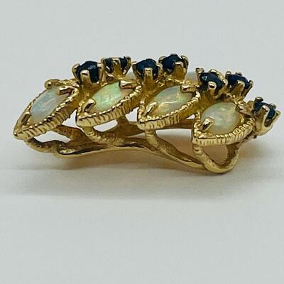Lot 156: 14k Yellow Gold -8 Australian Opals with 7 Blue Sapphires Cluster Pendant