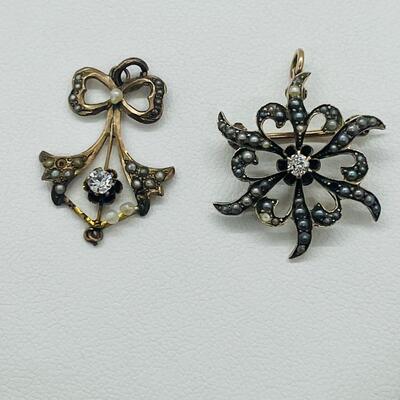 Lot 160: 10k Antique Diamond Brooch Pendant & 10k Charm/Pendant