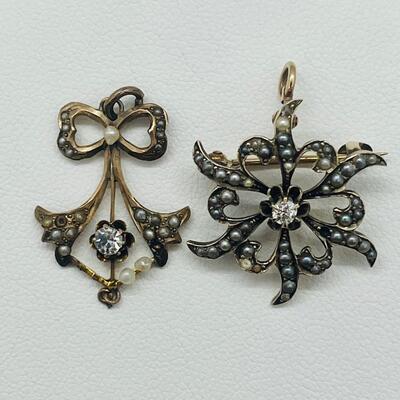 Lot 160: 10k Antique Diamond Brooch Pendant & 10k Charm/Pendant