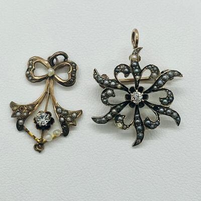 Lot 160: 10k Antique Diamond Brooch Pendant & 10k Charm/Pendant