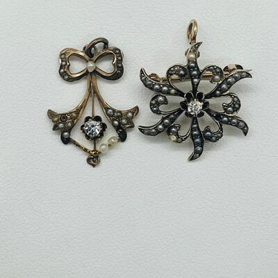 Lot 160: 10k Antique Diamond Brooch Pendant & 10k Charm/Pendant