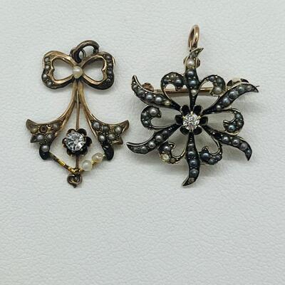 Lot 160: 10k Antique Diamond Brooch Pendant & 10k Charm/Pendant