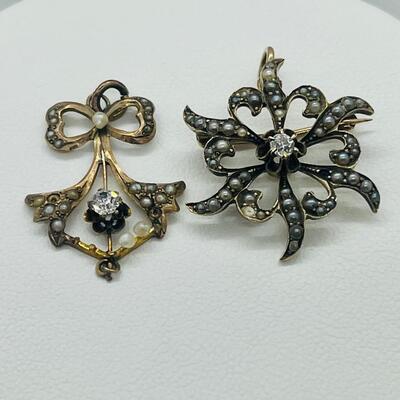 Lot 160: 10k Antique Diamond Brooch Pendant & 10k Charm/Pendant
