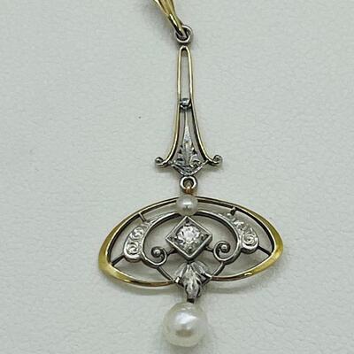 Lot 178: Vintage 14k Two-Tone Gold Pendant with Diamond center & 2 Pearls