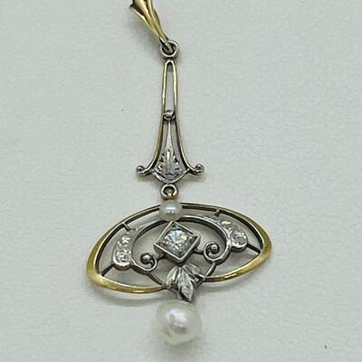 Lot 178: Vintage 14k Two-Tone Gold Pendant with Diamond center & 2 Pearls