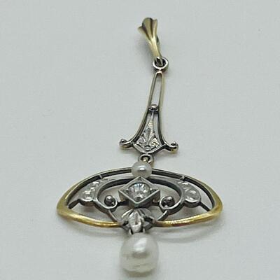 Lot 178: Vintage 14k Two-Tone Gold Pendant with Diamond center & 2 Pearls