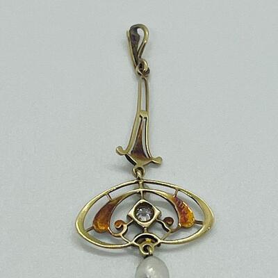 Lot 178: Vintage 14k Two-Tone Gold Pendant with Diamond center & 2 Pearls