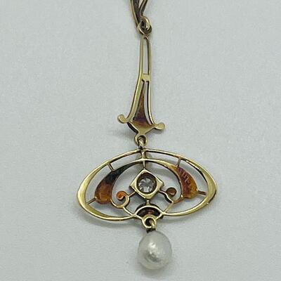 Lot 178: Vintage 14k Two-Tone Gold Pendant with Diamond center & 2 Pearls