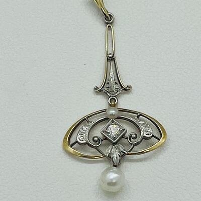 Lot 178: Vintage 14k Two-Tone Gold Pendant with Diamond center & 2 Pearls