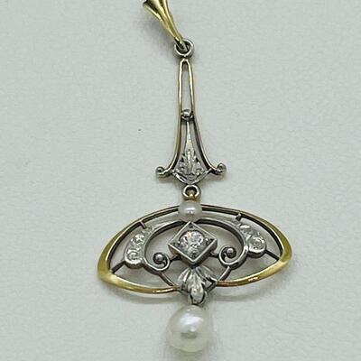 Lot 178: Vintage 14k Two-Tone Gold Pendant with Diamond center & 2 Pearls