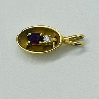 Lot 158: Vintage 14k Yellow Gold Pendant with Diamond Chip & Natural Ruby