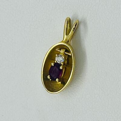 Lot 158: Vintage 14k Yellow Gold Pendant with Diamond Chip & Natural Ruby