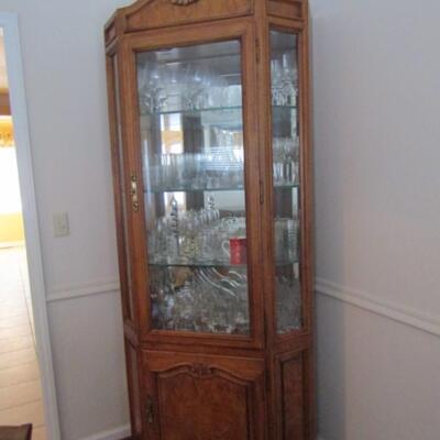 Lighted Burl Wood Corner China Hutch with Beveled Glass Front Made by Thomasville (Contents not Included)