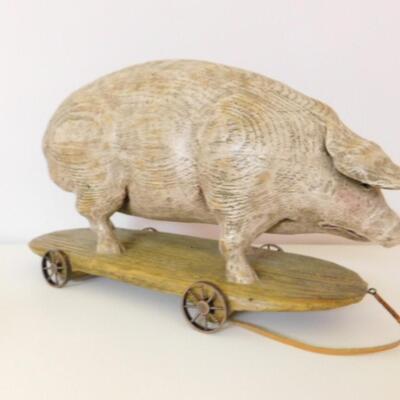 American Chestnut Folk Art 'Sweet Vadalia' Large Resin Wood Grain Finish Pig on a Pull Cart