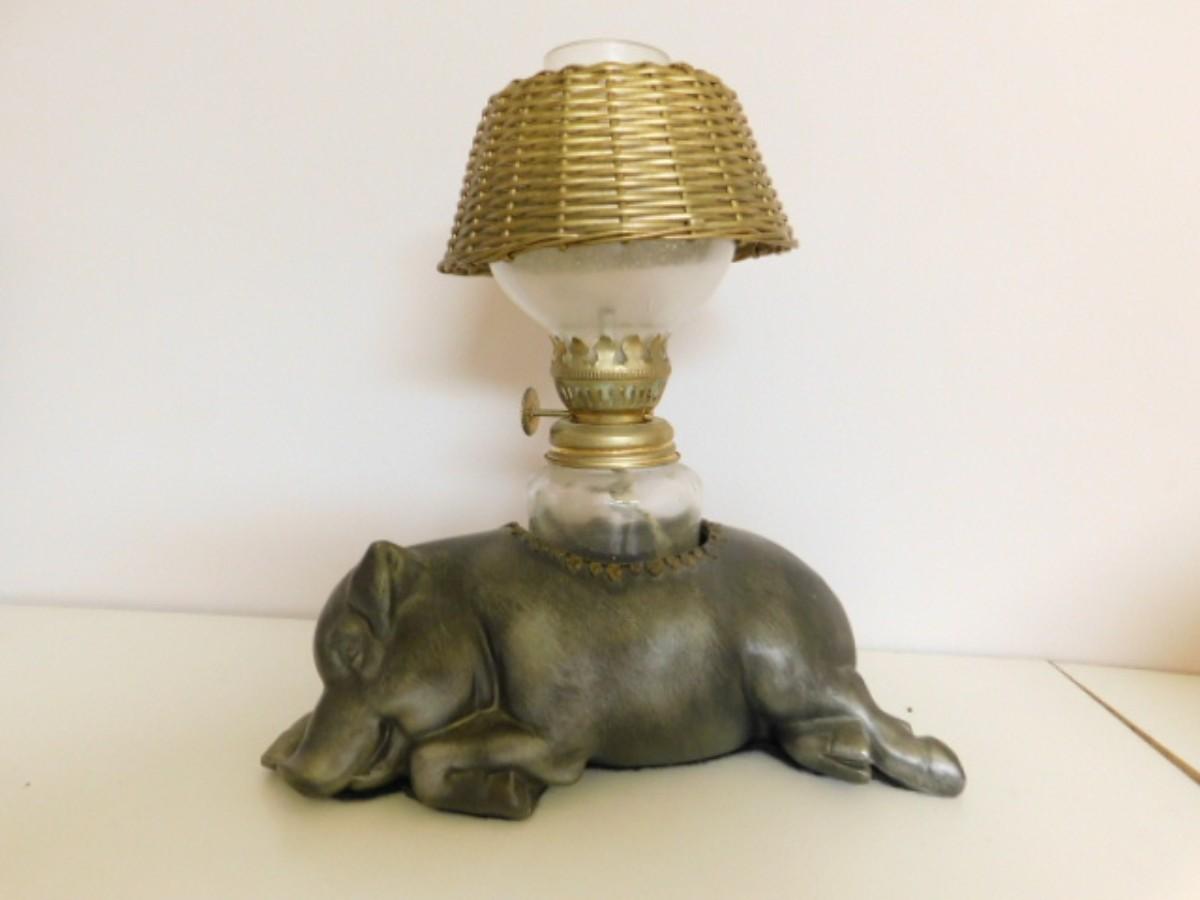 Cast Metal Sleeping Pig Oil Lamp Stand with Hong Kong Lamp Choice #2 of 2 |  EstateSales.org