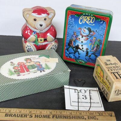 Lot of Boxes, Tin Oreo, Bear, Wood Hedley's Tea, Wire Mail Holder