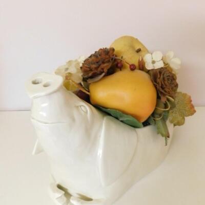 Vintage Ceramic Pottery Pig Vase with Artificial Plants and Fruits