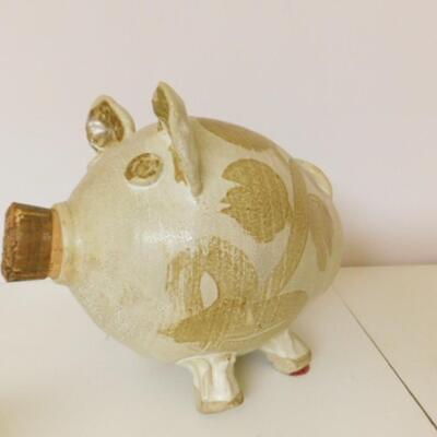 Pottery Piggy Bank with Cork Snout Signed by Merle