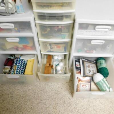 Collection of Needlework and Crafting Materials and Tools includes Storage Containers
