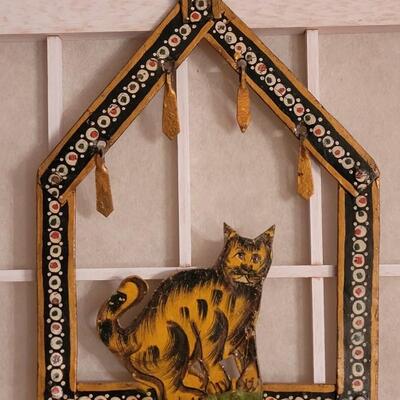 Lot 124: Vintage Handpainted Metal Hanging Cat Candleholder