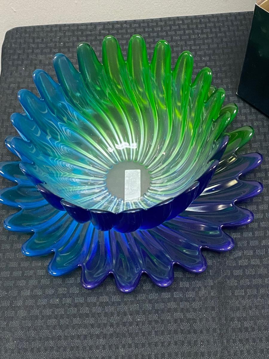 Vintage Studio Nova Solaris Blue Green Art Glass Bowl and Serving Dish