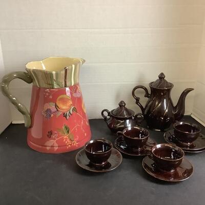 D - 728 Tracy Porter Pitcher & Brown Ceramic Tea Set