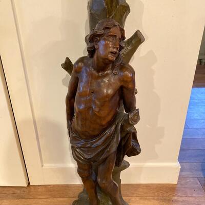 Antique NeoClassical Style Wood Carving of St. Sebastian Bound To a Tree