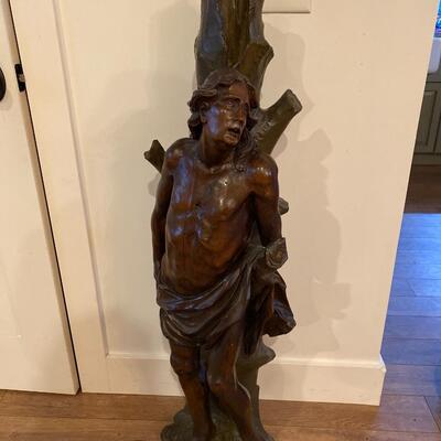 Antique NeoClassical Style Wood Carving of St. Sebastian Bound To a Tree