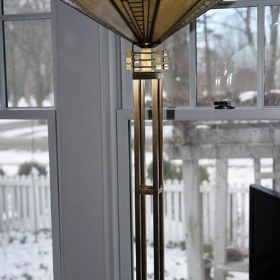 PRAIRIE STYLE FLOOR LAMP WITH STAINED GLASS SHADE AND SOLID BRASS