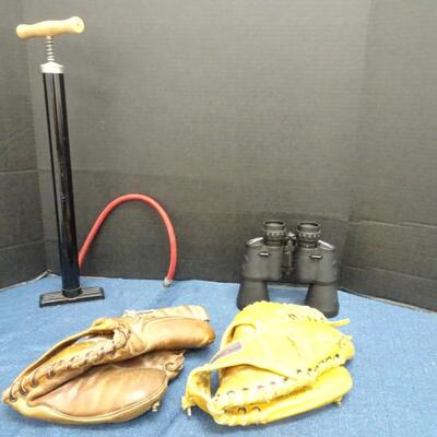 LOT 445  TWO BASEBALL GLOVES, BINOCULARS AND BIKE PUMP