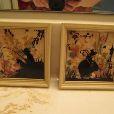 Reverse Painted Glass Wall Decor- #1: Man and Dog Fishing and #2: Lady Gardening
