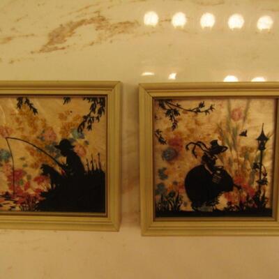 Reverse Painted Glass Wall Decor- #1: Man and Dog Fishing and #2: Lady Gardening