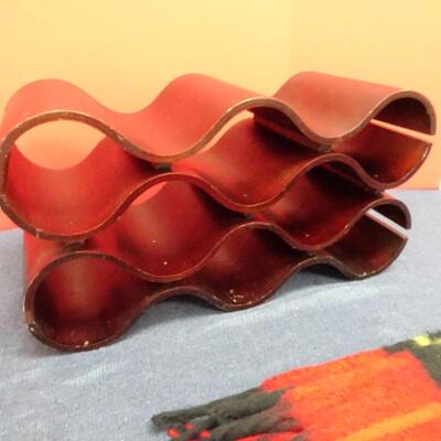 LOT 517. PLAID BLANKET, WOOD WINE BOTTLE STAND AND HOME DECOR
