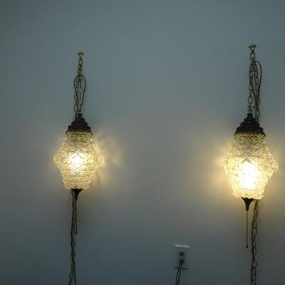 LOT 518. TWO VINTAGE GLASS HANGING SWAG LAMPS