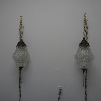 LOT 518. TWO VINTAGE GLASS HANGING SWAG LAMPS