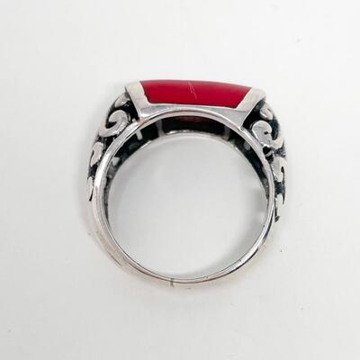 CORAL & 925 STERLING SILVER ORNATE RING - SIZE 6