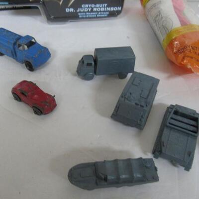 Lot of Vintage Small Toys, Army Vehicles, Dr Judy Robinson Figure, More