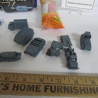 Lot of Vintage Small Toys, Army Vehicles, Dr Judy Robinson Figure, More