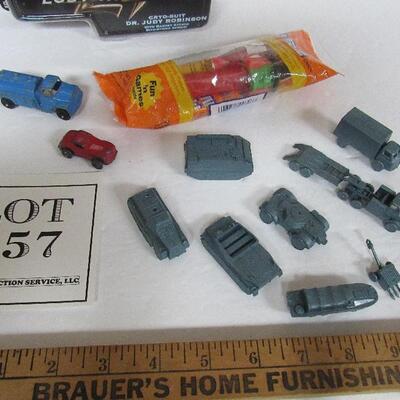 Lot of Vintage Small Toys, Army Vehicles, Dr Judy Robinson Figure, More