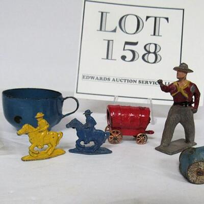 Lot of Vintage Small Toys, Metal Car, Graniteware Cup, Dice, More